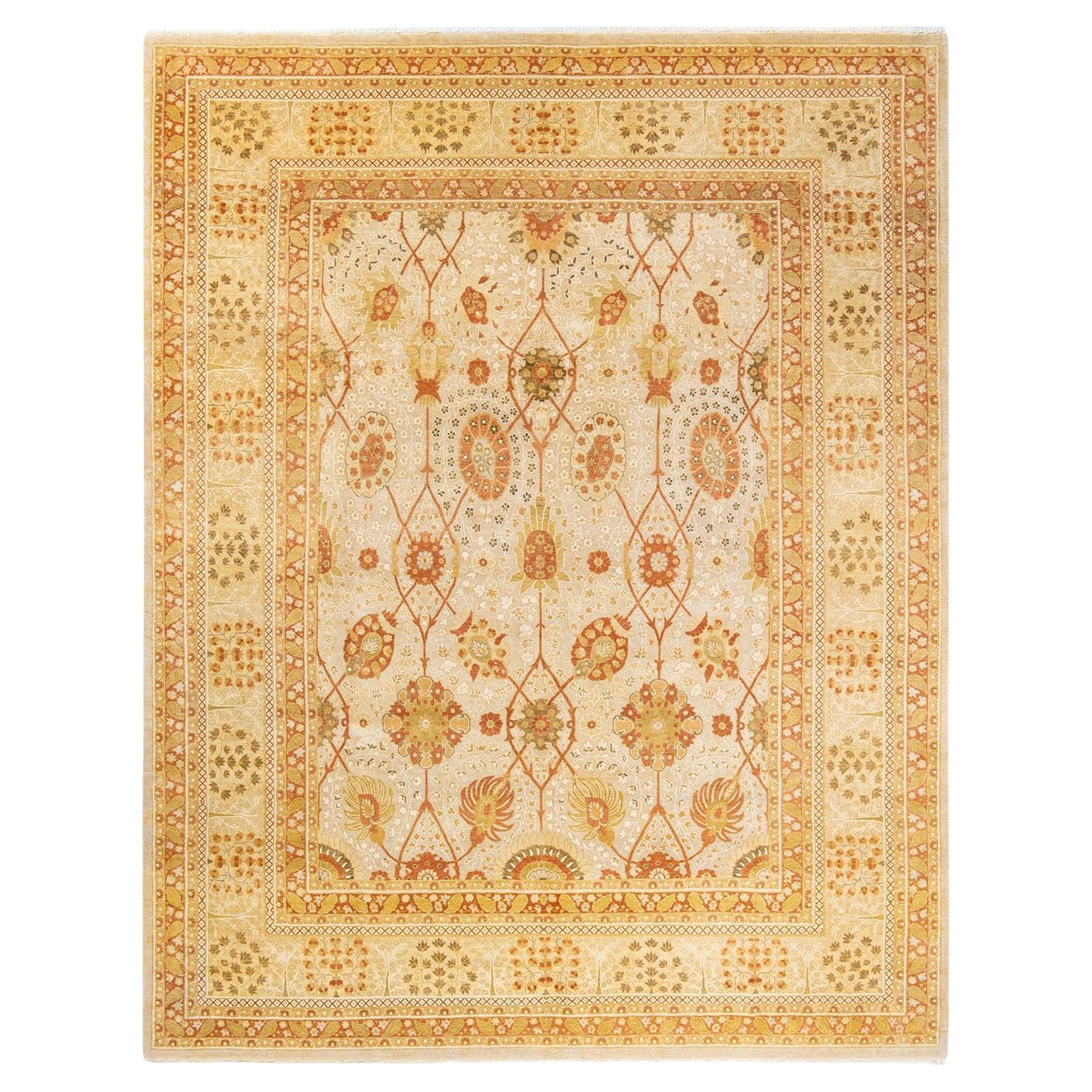 One-Of-A-Kind Hand Made Traditional Mogul Ivory Area Rug For Sale