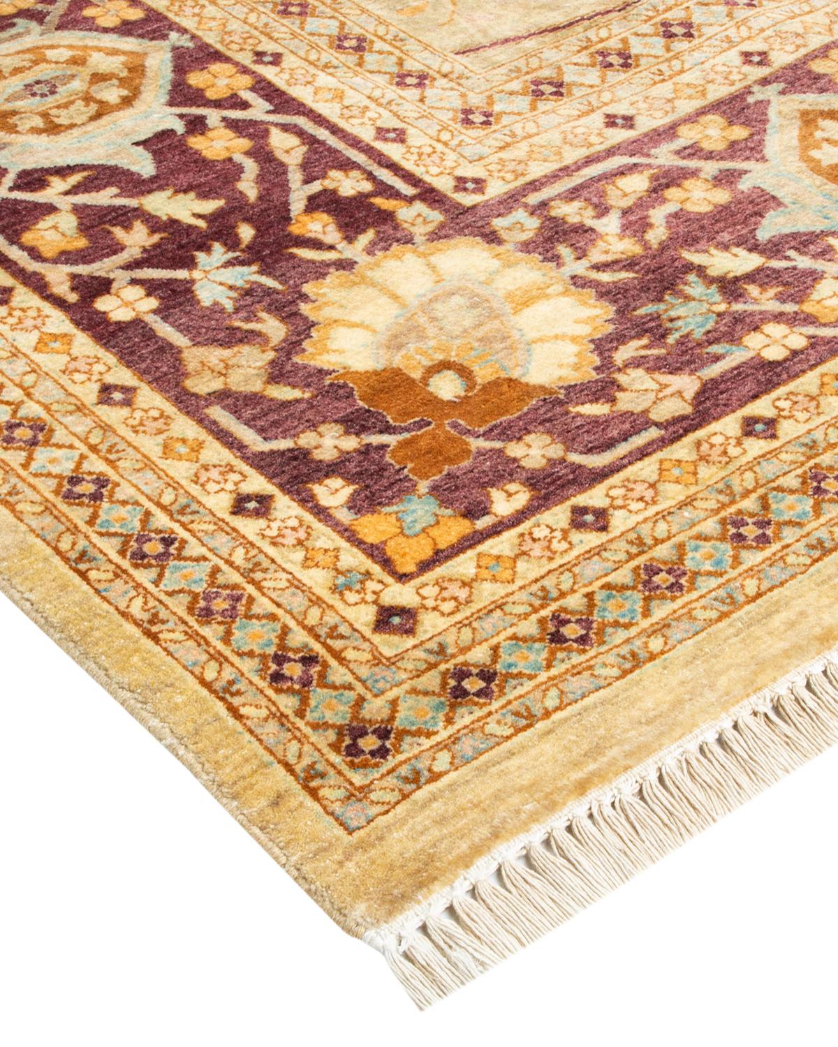 Wool One-Of-A-Kind Hand Made Traditional Mogul Ivory Area Rug For Sale