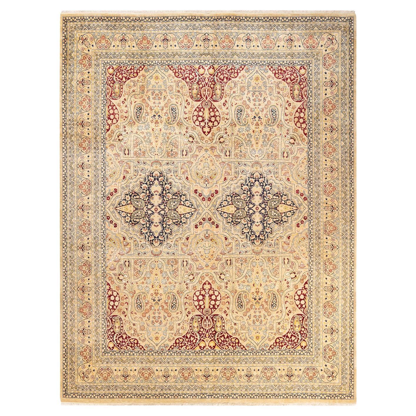 Tapis traditionnel ivoire Mogul unique en son genre fabriqué à la main