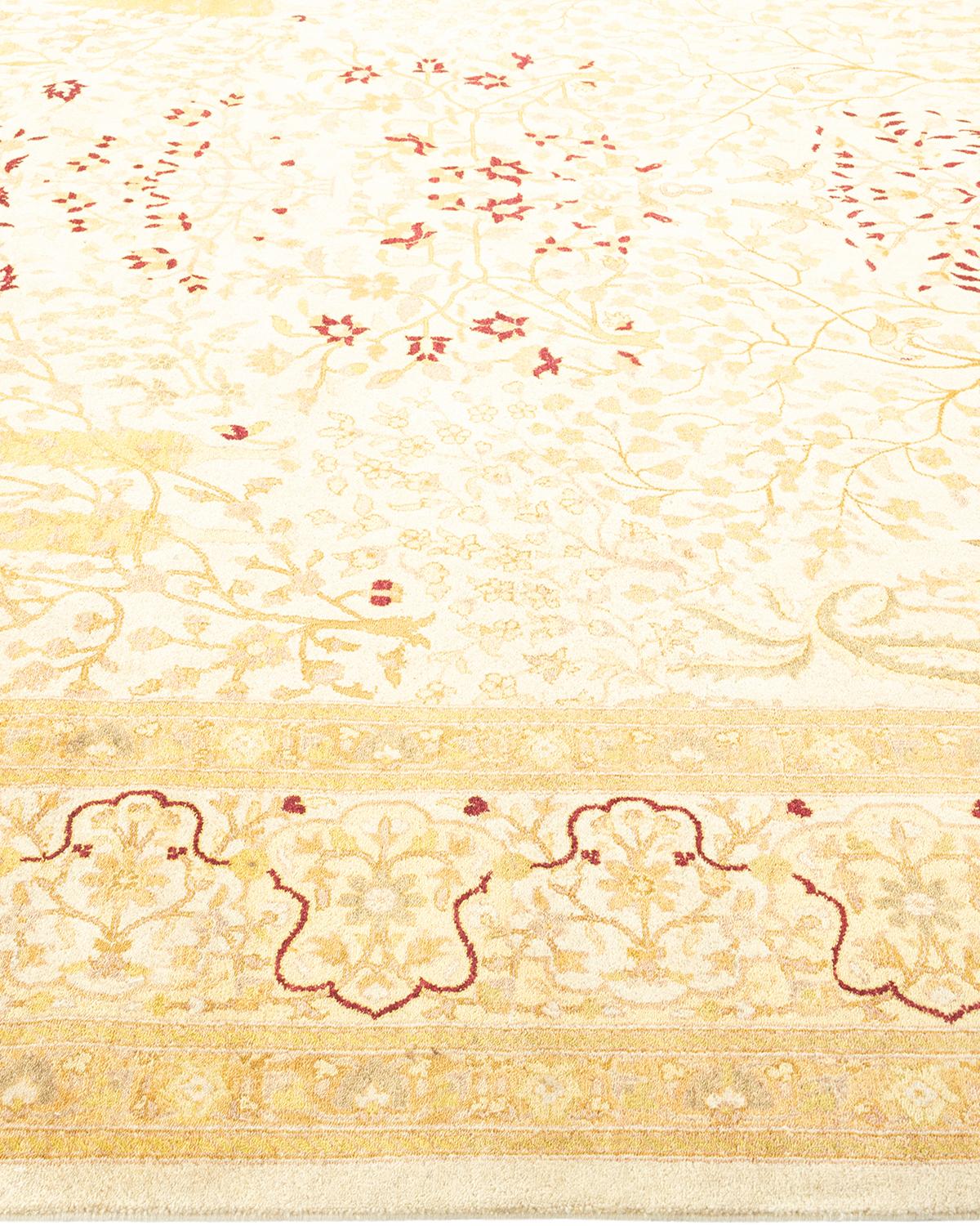 One-Of-A-Kind Hand Made Traditional Mogul Ivory Area Rug In New Condition For Sale In Norwalk, CT