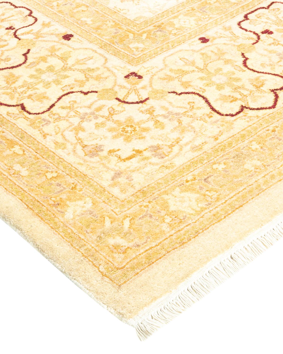 Wool One-Of-A-Kind Hand Made Traditional Mogul Ivory Area Rug For Sale
