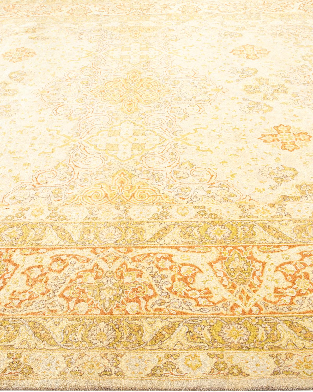 One-Of-A-Kind Hand Made Traditional Mogul Ivory Area Rug In New Condition For Sale In Norwalk, CT
