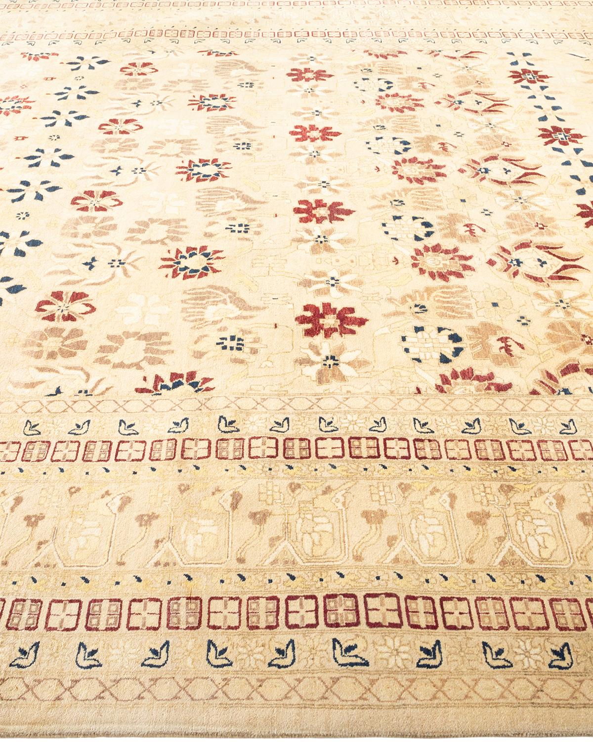 One-of-a-Kind Hand Made Traditional Mogul Ivory Area Rug In New Condition For Sale In Norwalk, CT