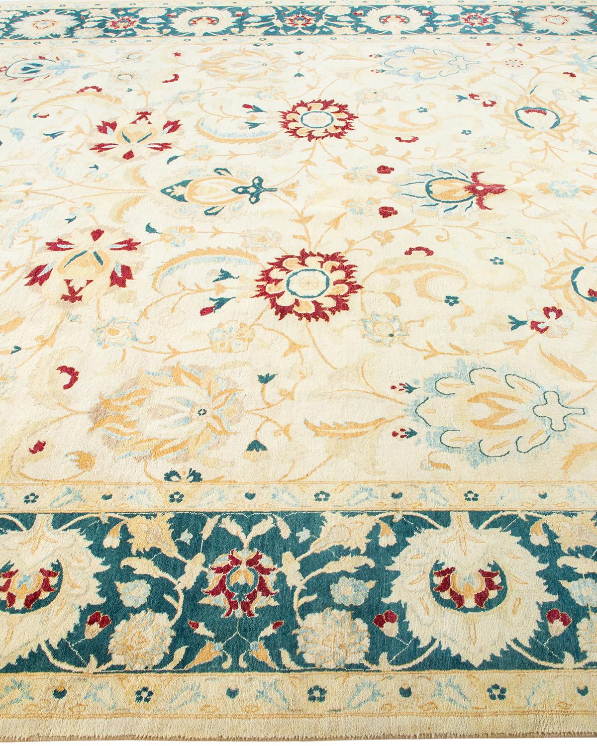 Contemporary One-Of-A-Kind Hand Made Traditional Mogul Ivory Area Rug For Sale