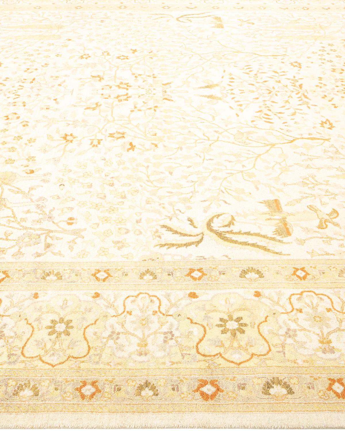 One-of-a-Kind Hand Made Traditional Mogul Ivory Area Rug In New Condition For Sale In Norwalk, CT