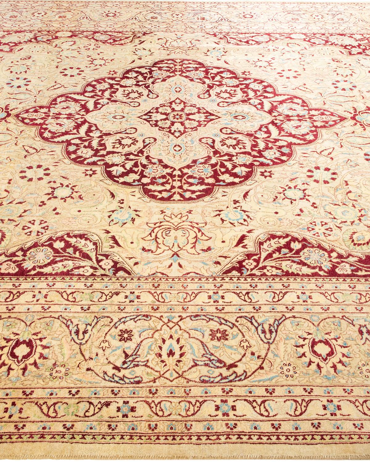 Contemporary One-Of-A-Kind Hand Made Traditional Mogul Ivory Area Rug For Sale