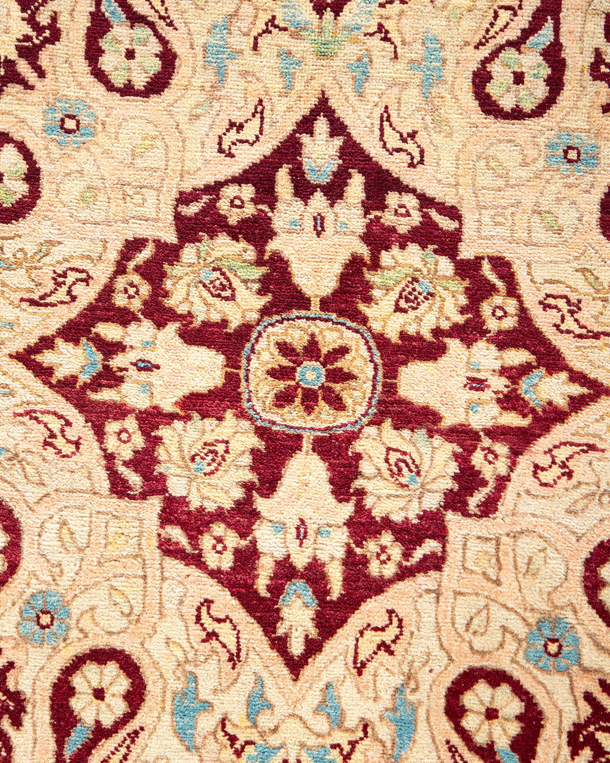 Wool One-Of-A-Kind Hand Made Traditional Mogul Ivory Area Rug For Sale