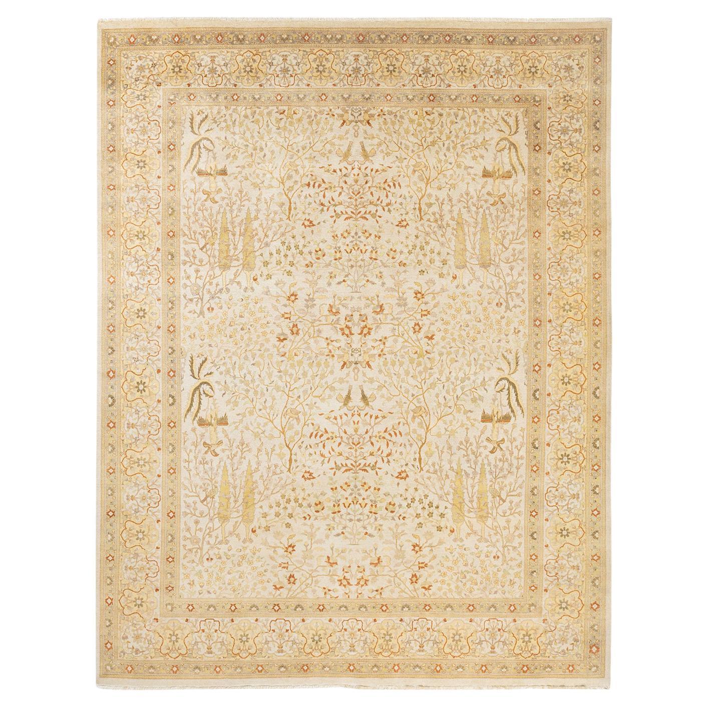 One-of-a-Kind Hand Made Traditional Mogul Ivory Area Rug For Sale