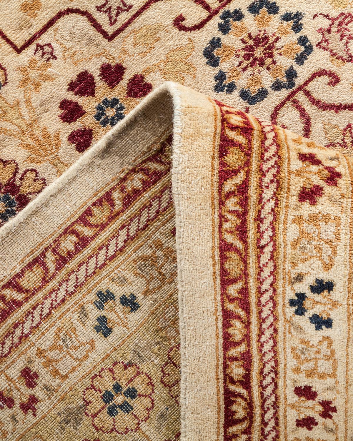 Pakistani One-Of-A-Kind Hand Made Traditional Mogul Ivory Area Rug For Sale