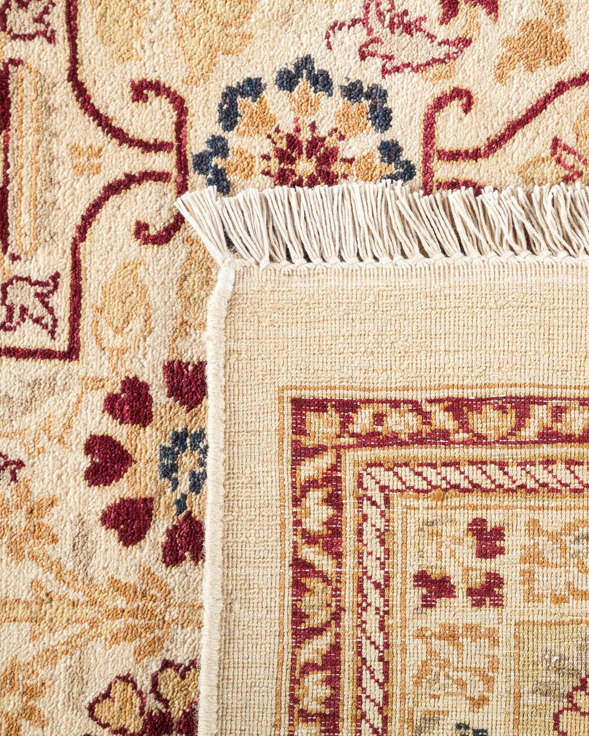 One-Of-A-Kind Hand Made Traditional Mogul Ivory Area Rug In New Condition For Sale In Norwalk, CT