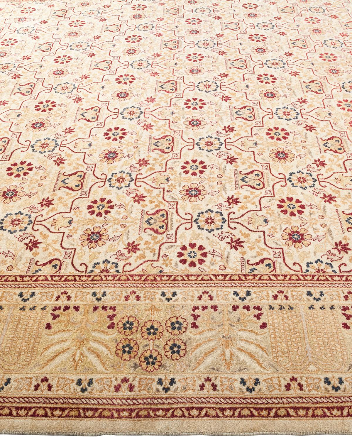 Contemporary One-Of-A-Kind Hand Made Traditional Mogul Ivory Area Rug For Sale