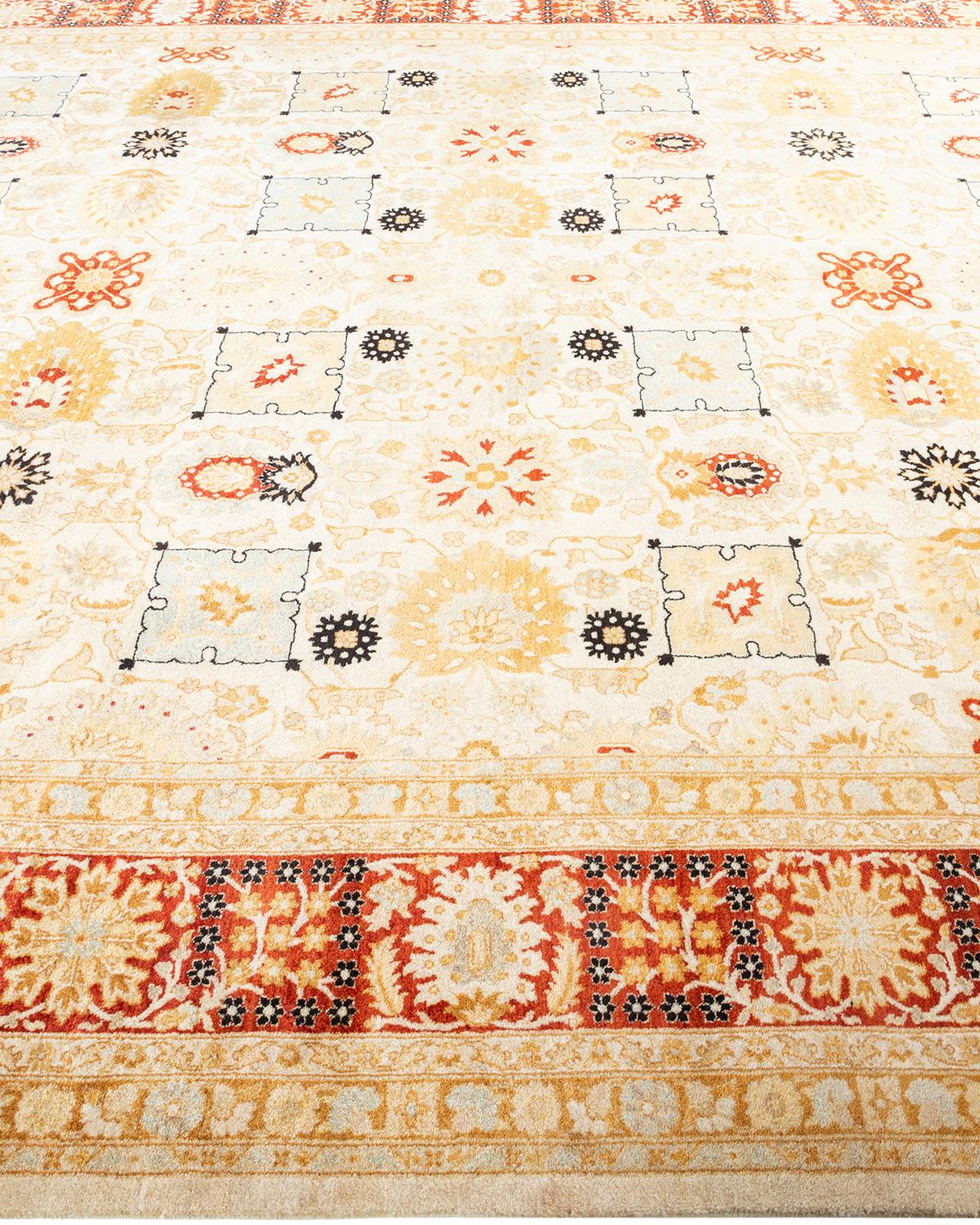 One-Of-A-Kind Hand Made Traditional Mogul Ivory Area Rug In New Condition For Sale In Norwalk, CT