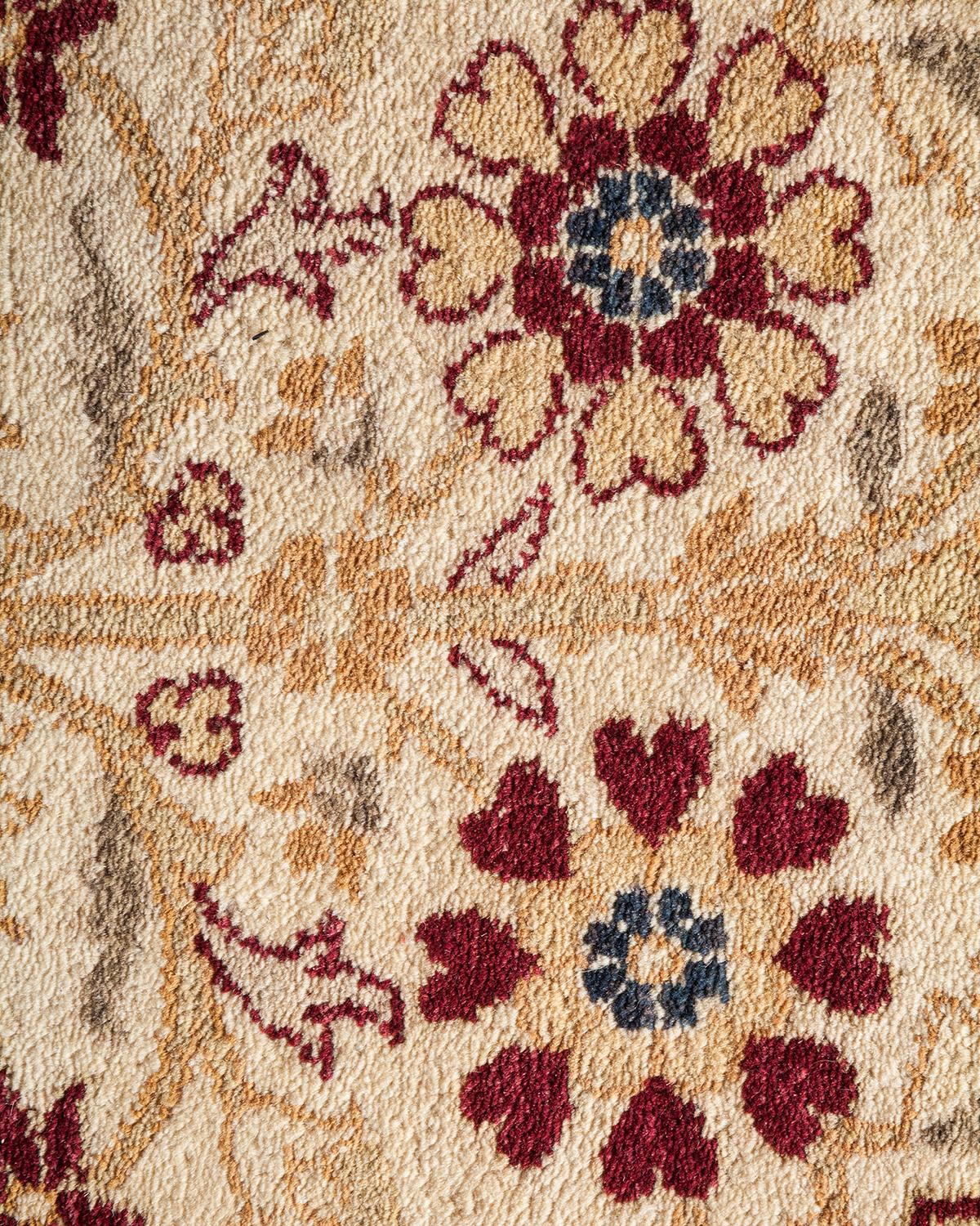 Wool One-Of-A-Kind Hand Made Traditional Mogul Ivory Area Rug For Sale