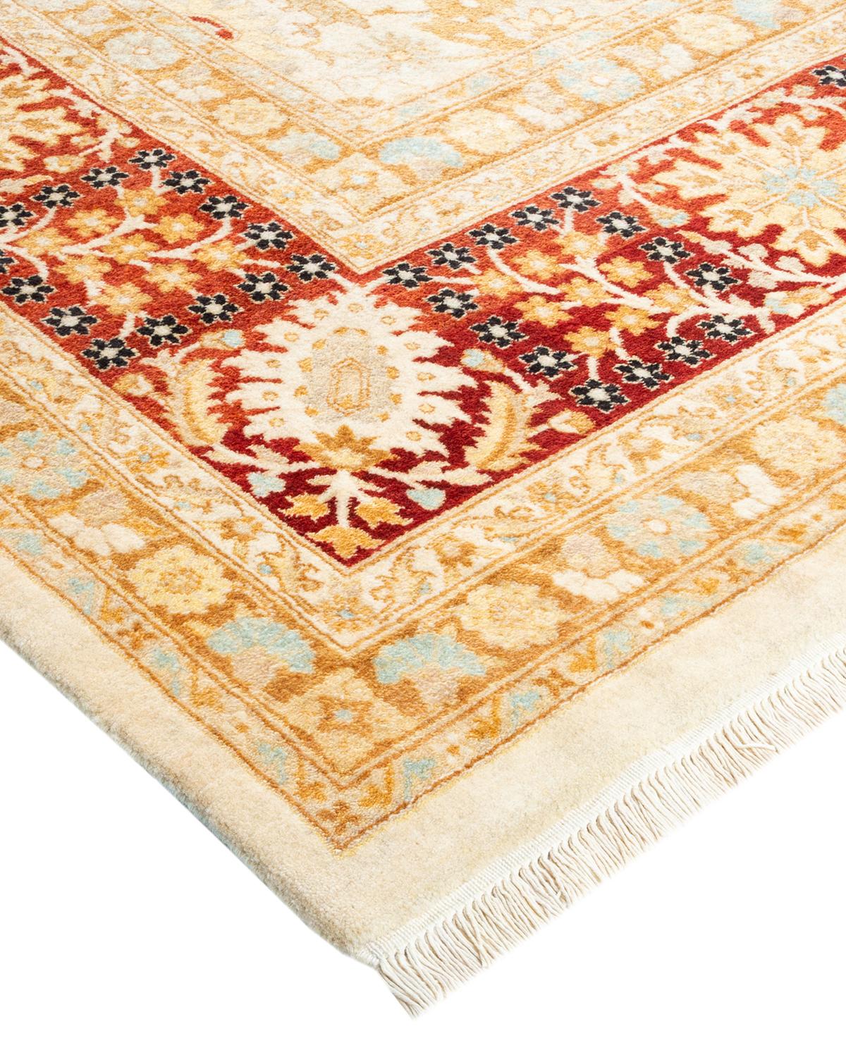 Wool One-Of-A-Kind Hand Made Traditional Mogul Ivory Area Rug For Sale