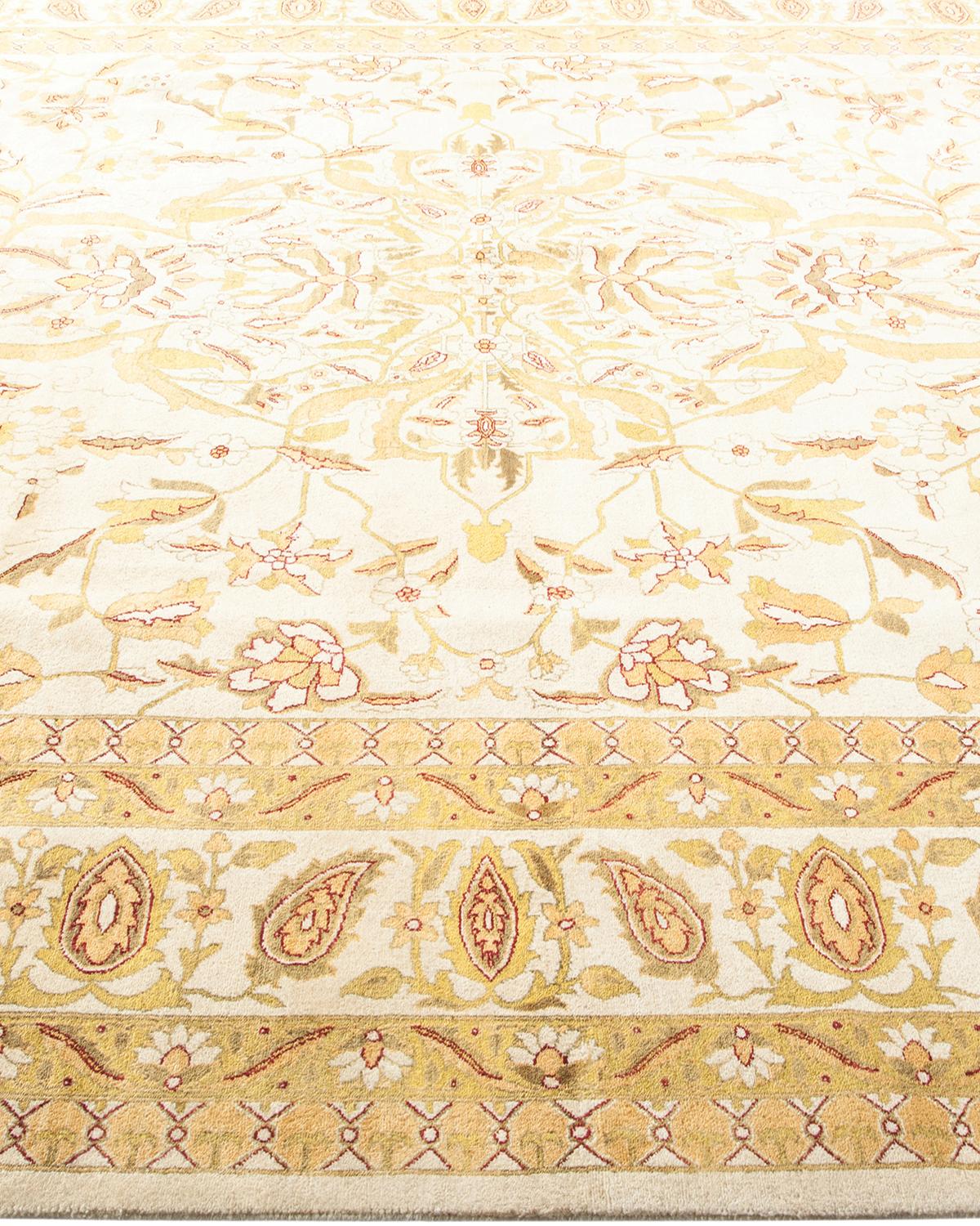 One-of-a-Kind Hand Made Traditional Mogul Ivory Area Rug In New Condition For Sale In Norwalk, CT