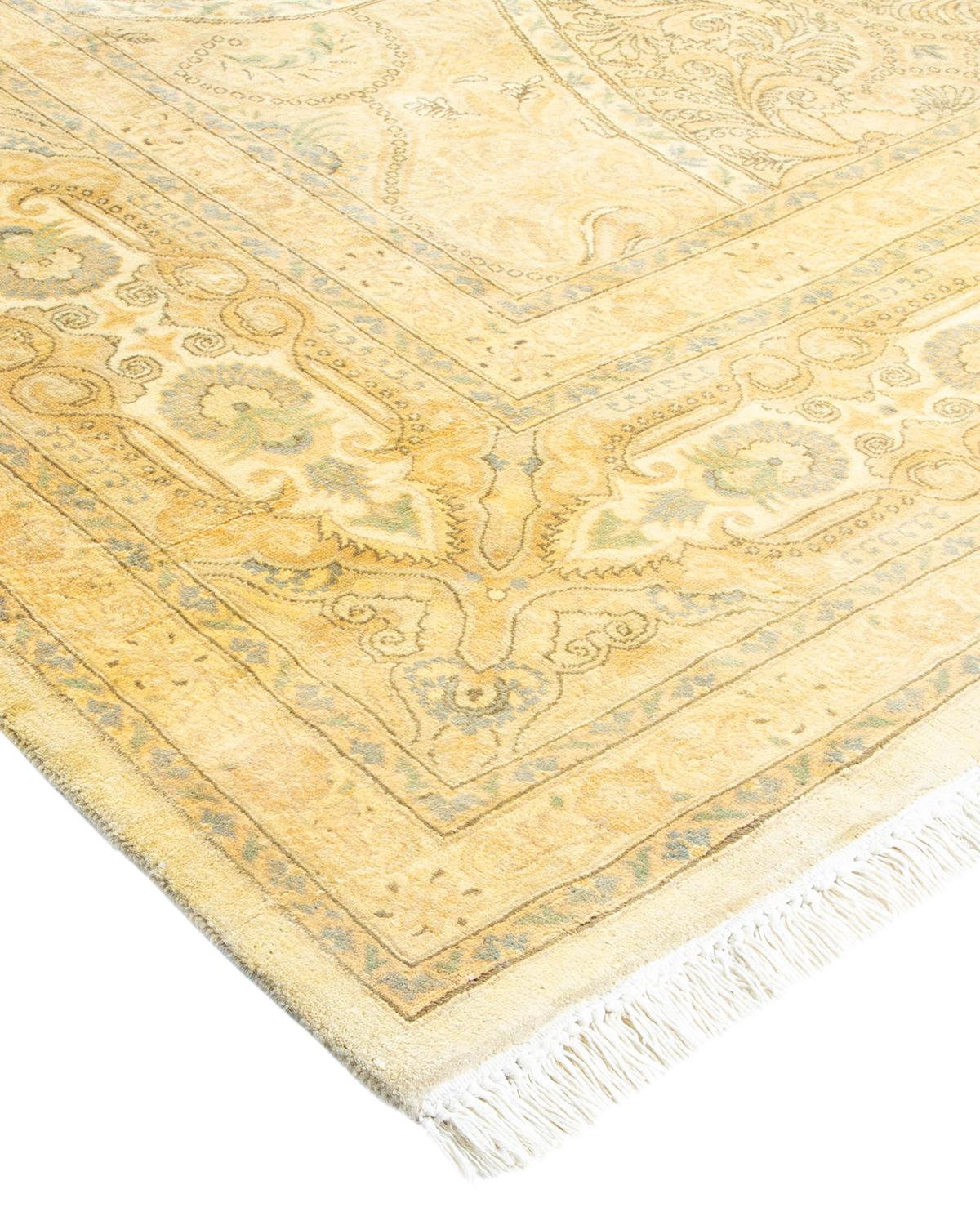Wool One-Of-A-Kind Hand Made Traditional Mogul Ivory Area Rug For Sale
