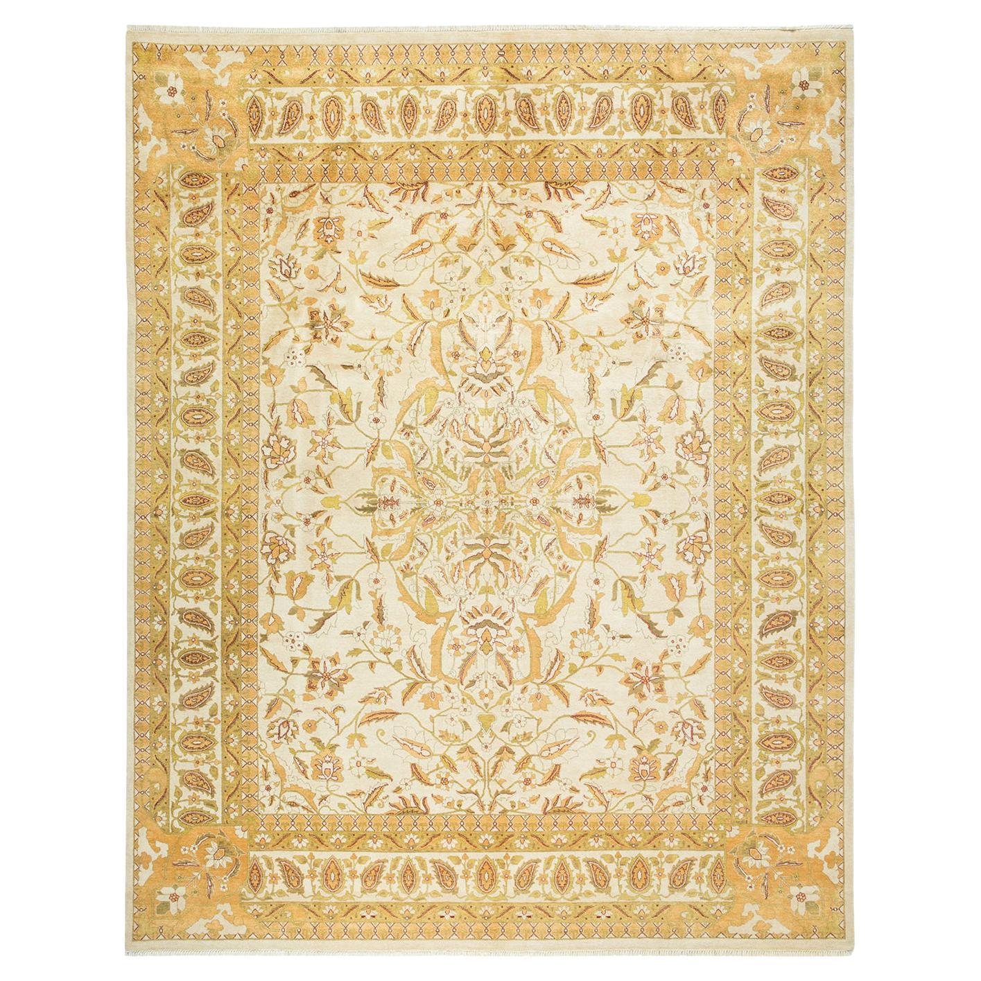 One-of-a-Kind Hand Made Traditional Mogul Ivory Area Rug For Sale