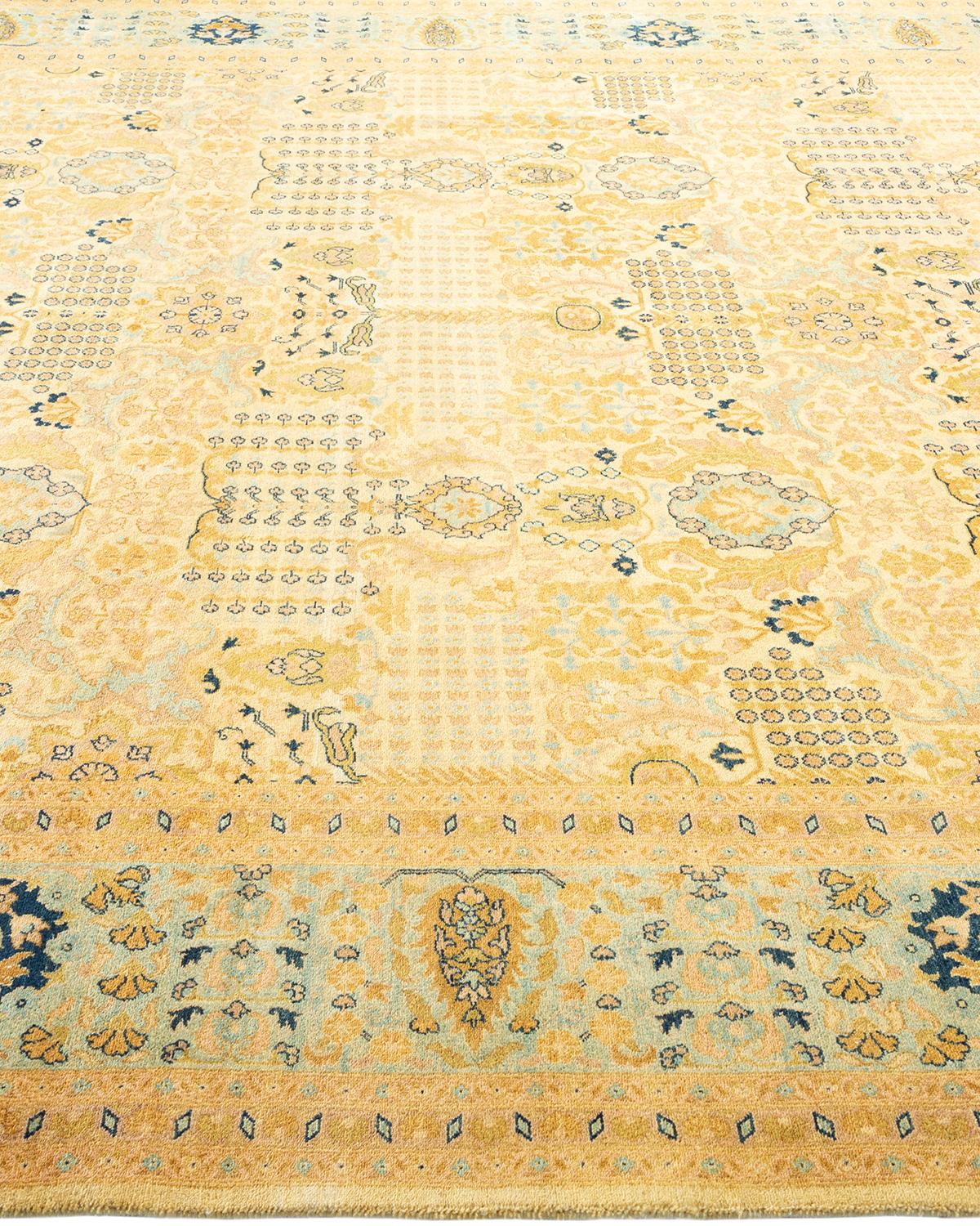 One-Of-A-Kind Hand Made Traditional Mogul Ivory Area Rug In New Condition For Sale In Norwalk, CT