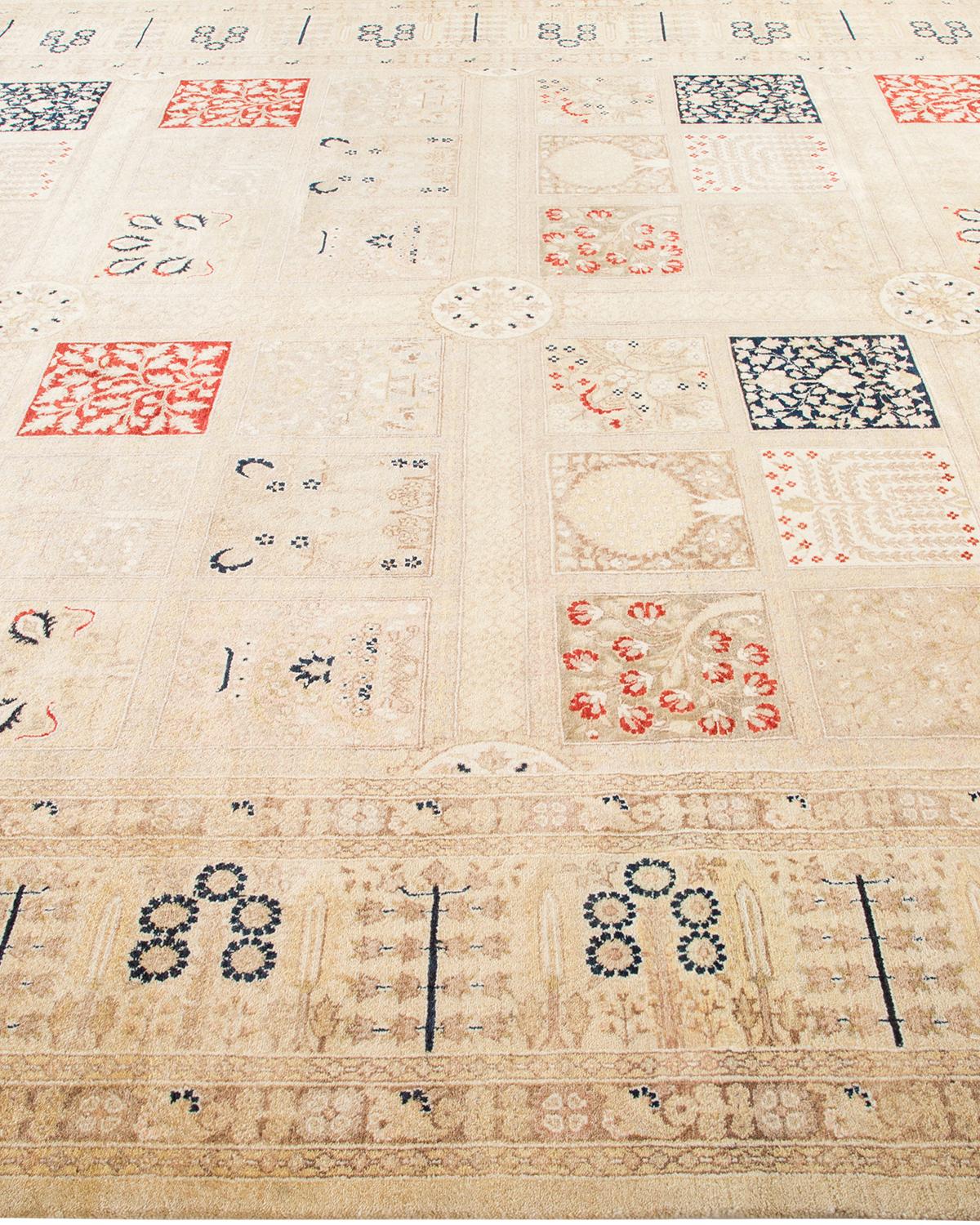 One-Of-A-Kind Hand Made Traditional Mogul Ivory Area Rug In Distressed Condition For Sale In Norwalk, CT
