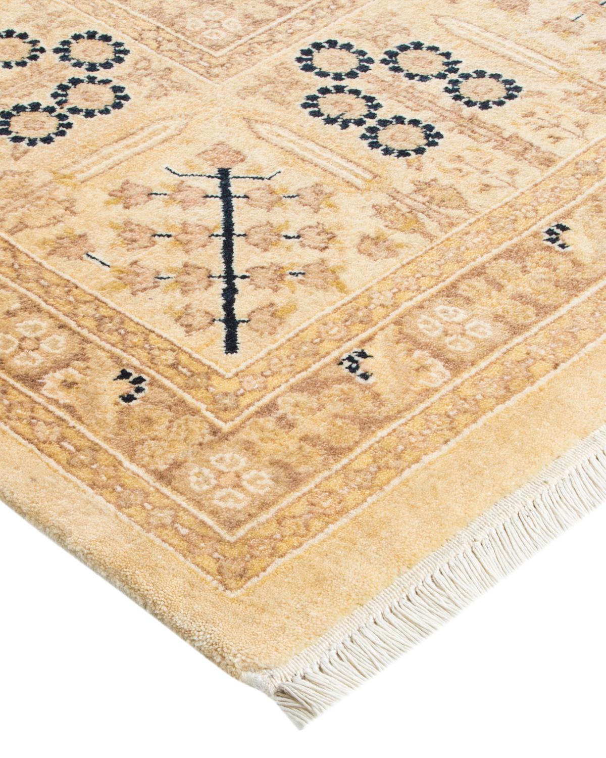 Wool One-Of-A-Kind Hand Made Traditional Mogul Ivory Area Rug For Sale