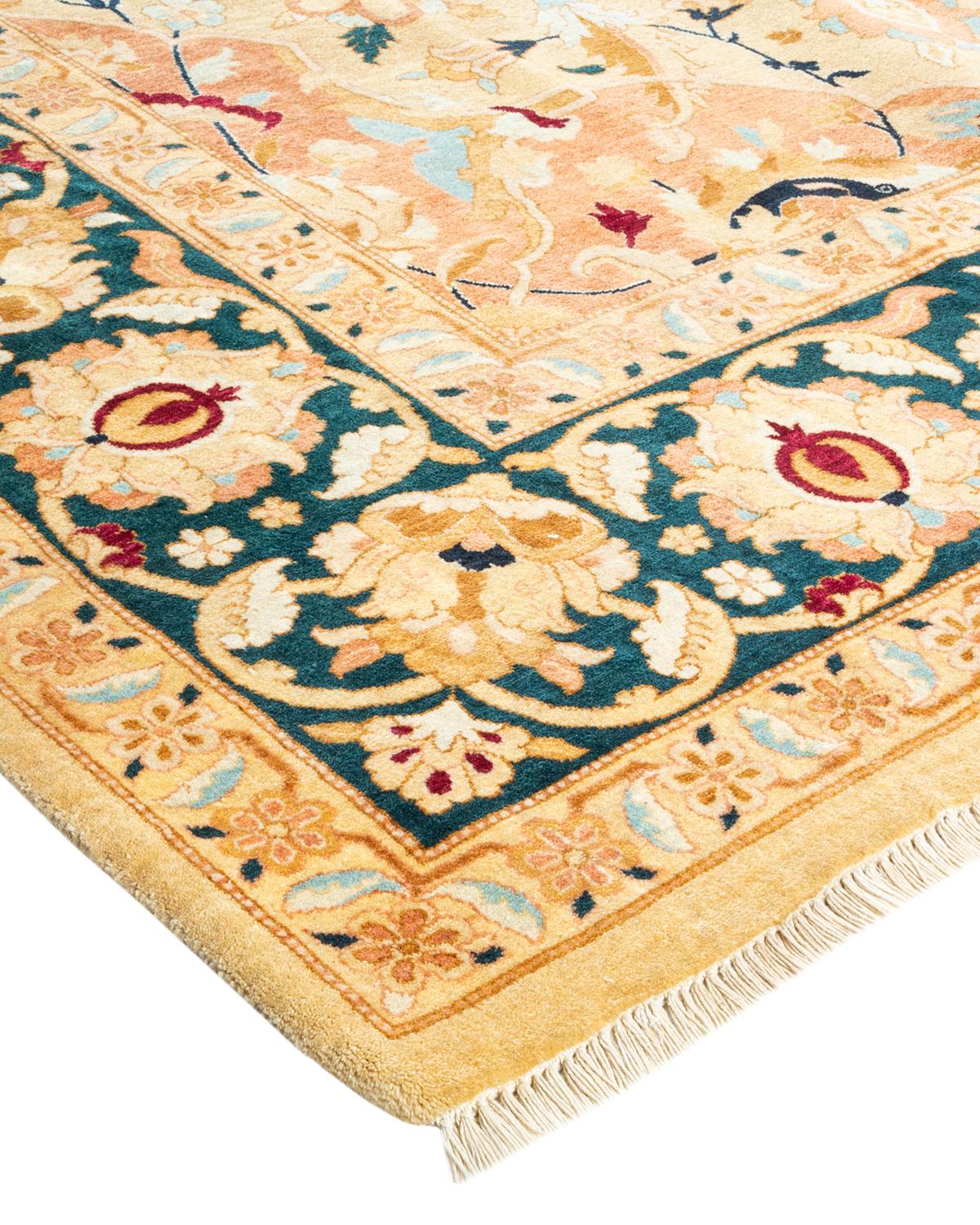 Wool One-Of-A-Kind Hand Made Traditional Mogul Ivory Area Rug For Sale
