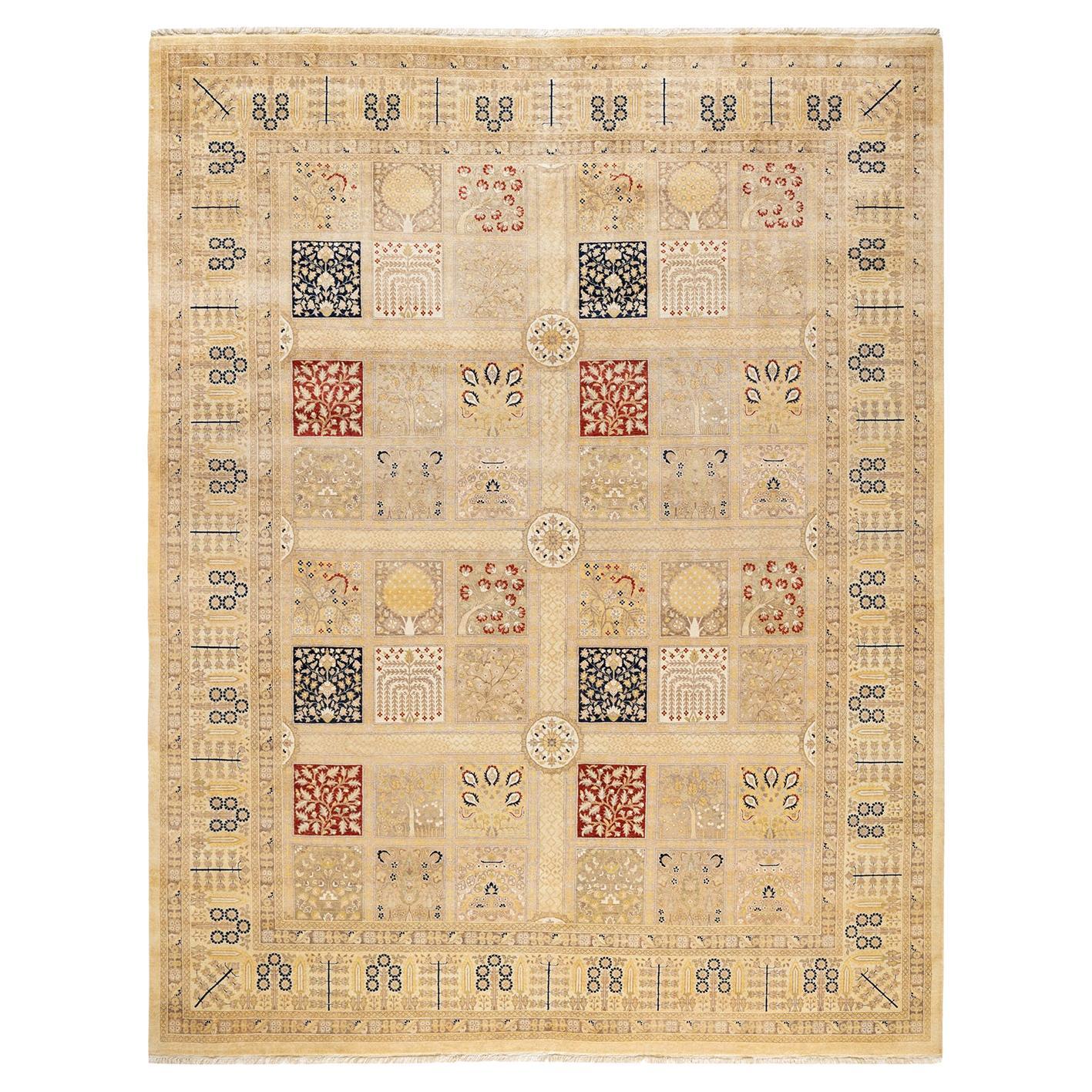 One-of-a-Kind Hand Made Traditional Mogul Ivory Area Rug For Sale