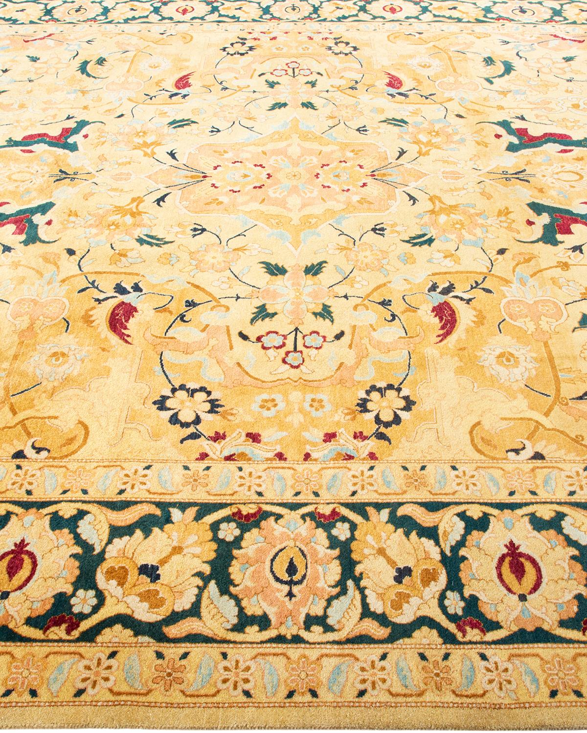 Contemporary One-Of-A-Kind Hand Made Traditional Mogul Ivory Area Rug For Sale