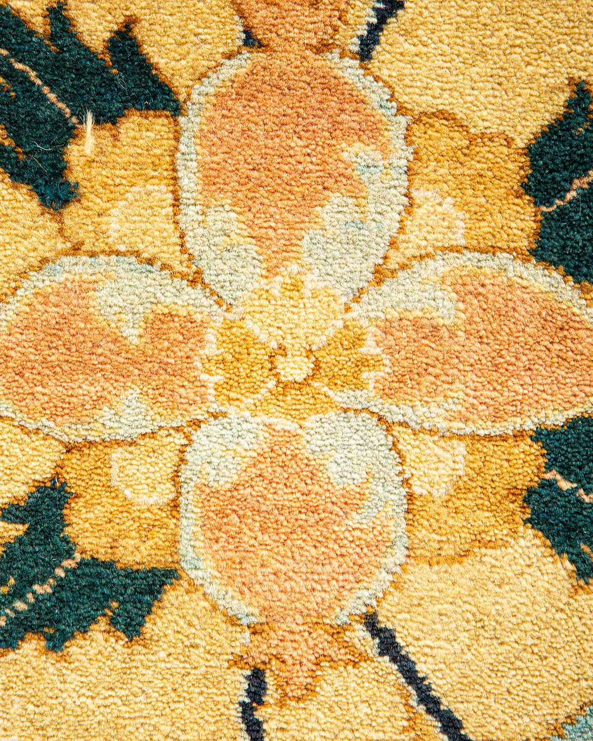 Wool One-Of-A-Kind Hand Made Traditional Mogul Ivory Area Rug For Sale