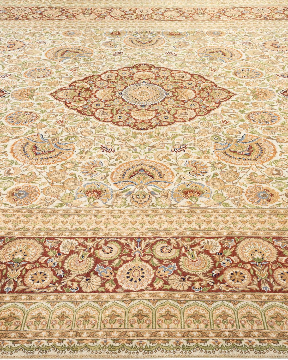 One-of-a-Kind Hand Made Traditional Mogul Ivory Area Rug In New Condition For Sale In Norwalk, CT