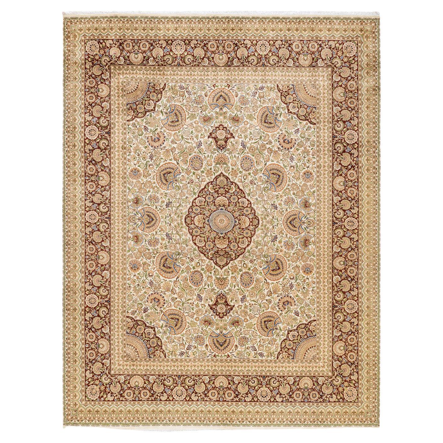 One-of-a-Kind Hand Made Traditional Mogul Ivory Area Rug For Sale