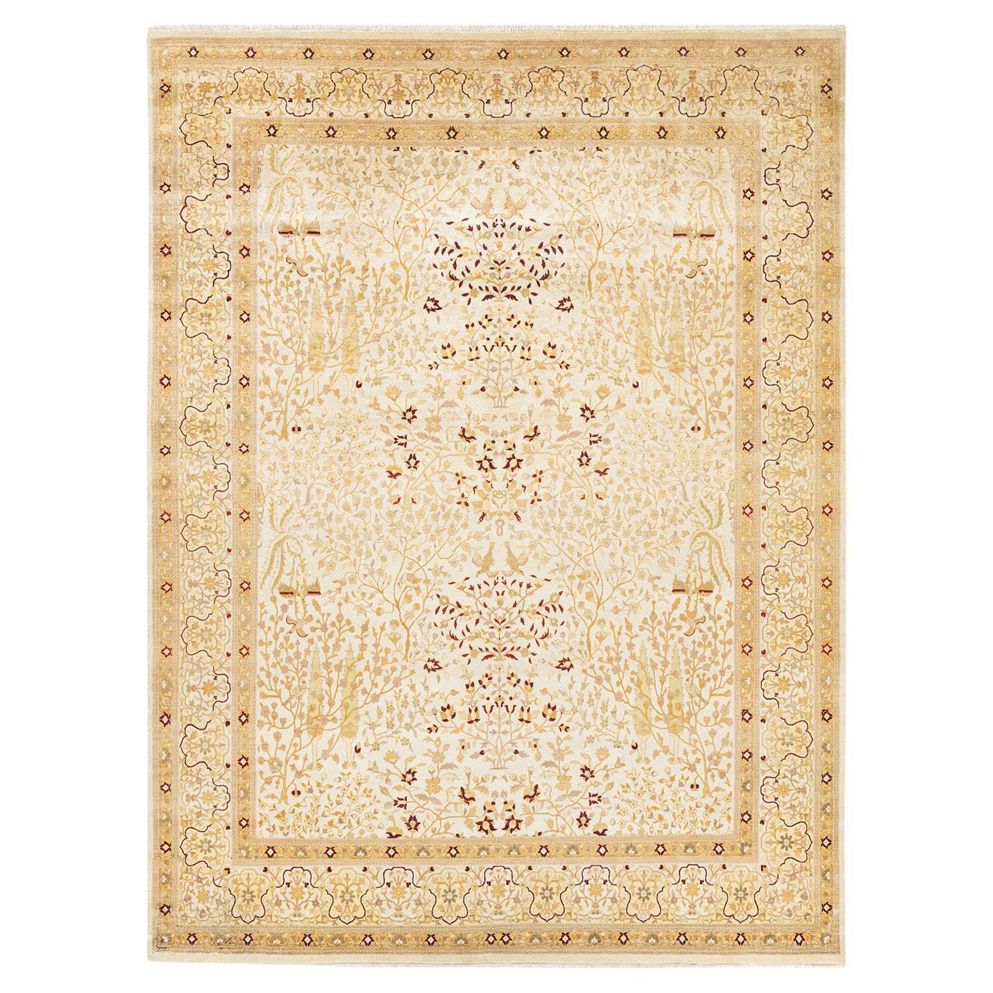 One-of-a-Kind Hand Made Traditional Mogul Ivory Area Rug
