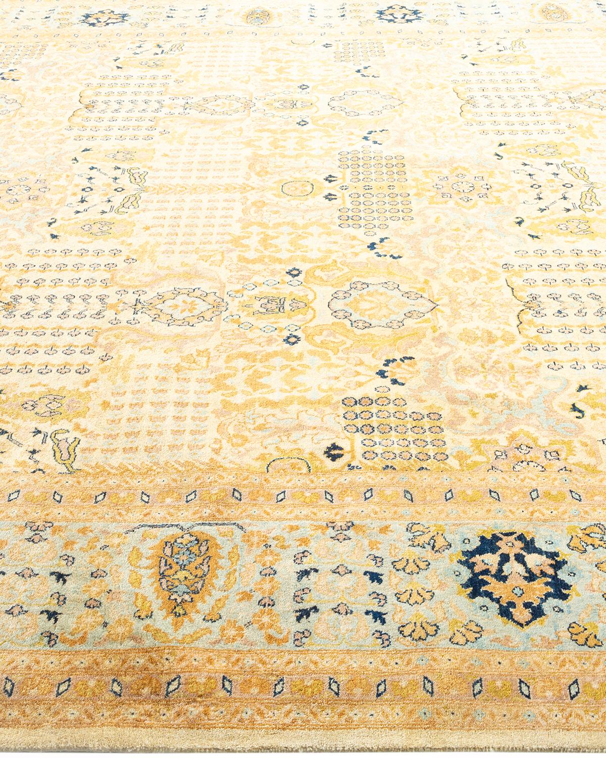 One-Of-A-Kind Hand Made Traditional Mogul Ivory Area Rug In New Condition For Sale In Norwalk, CT
