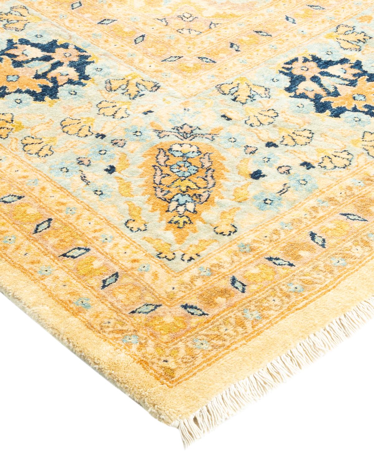 Wool One-Of-A-Kind Hand Made Traditional Mogul Ivory Area Rug For Sale