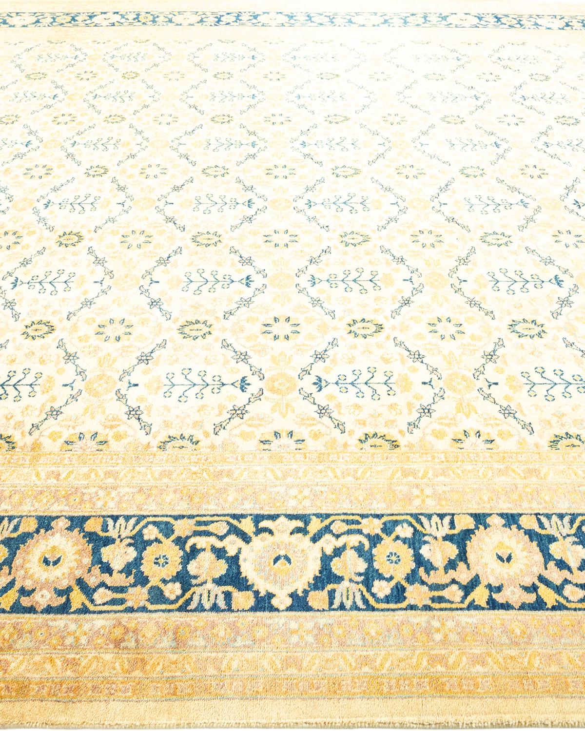 One-Of-A-Kind Hand Made Traditional Mogul Ivory Area Rug In New Condition For Sale In Norwalk, CT