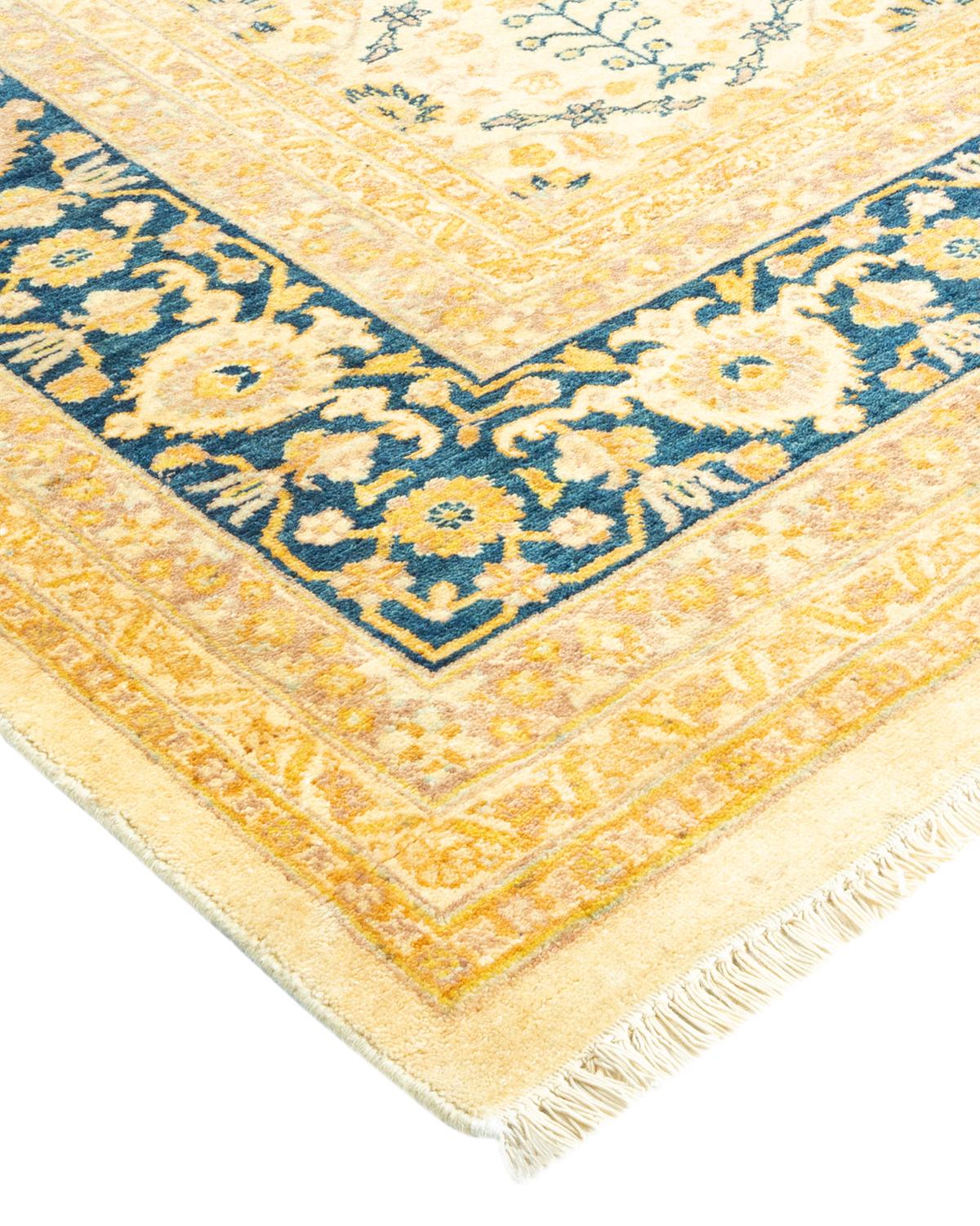 Wool One-Of-A-Kind Hand Made Traditional Mogul Ivory Area Rug For Sale