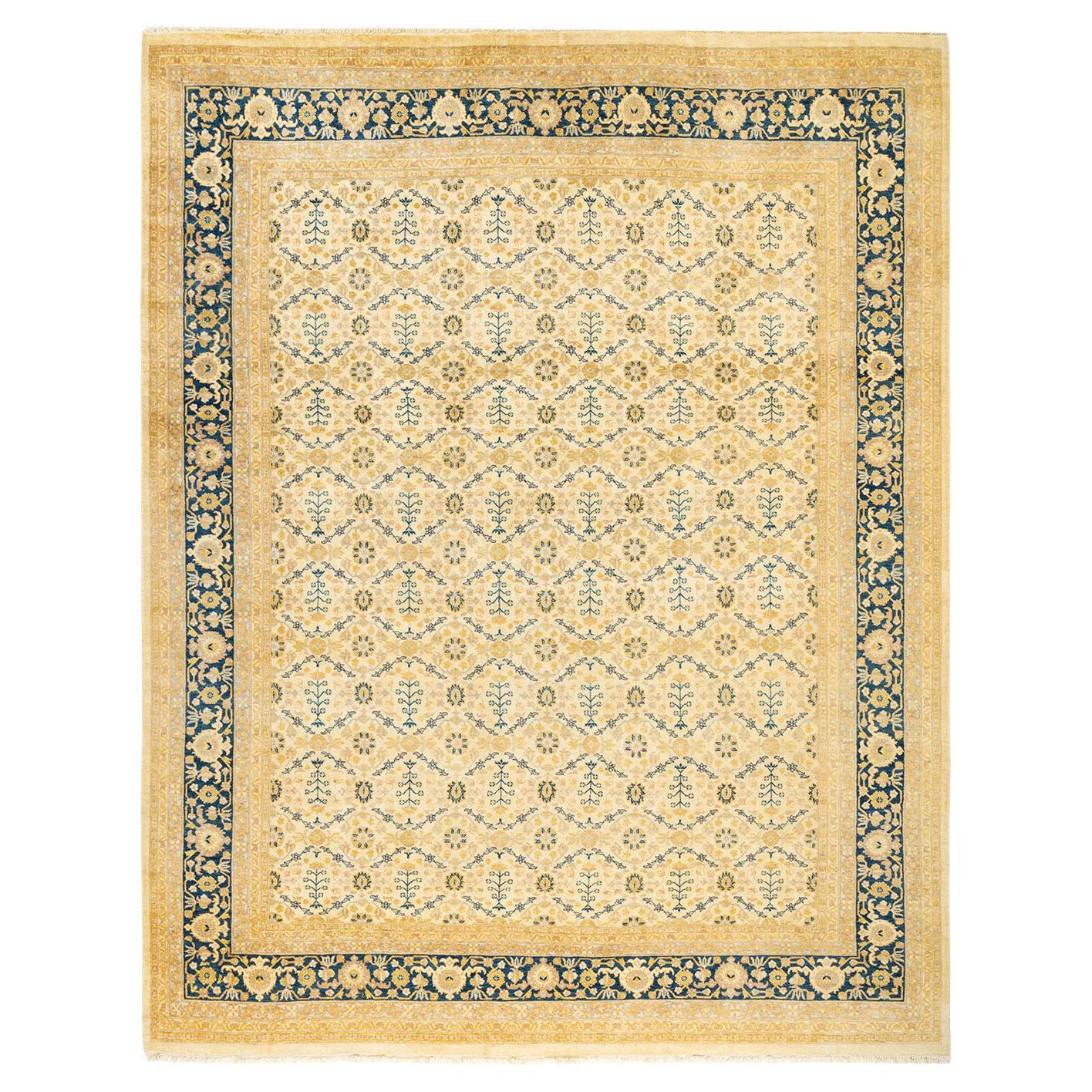 One-Of-A-Kind Hand Made Traditional Mogul Ivory Area Rug