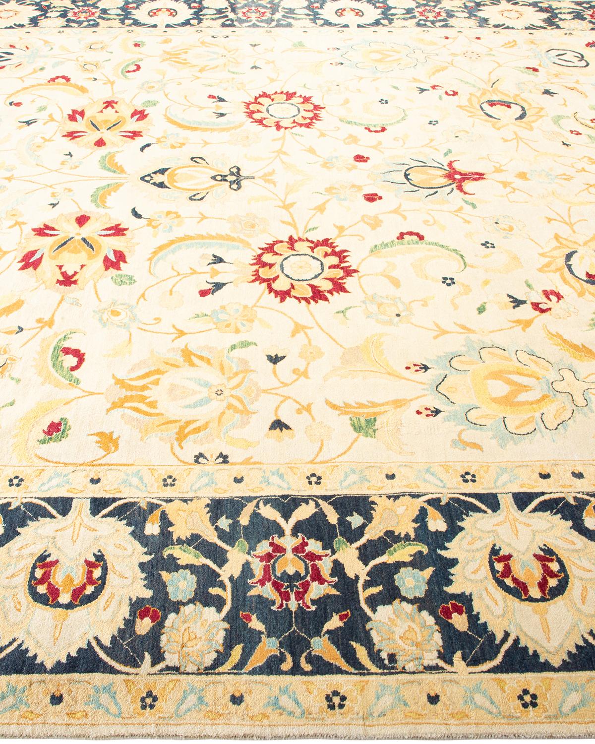 One-Of-A-Kind Hand Made Traditional Mogul Ivory Area Rug In New Condition For Sale In Norwalk, CT