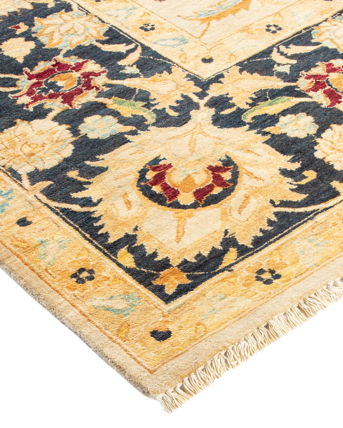 Wool One-Of-A-Kind Hand Made Traditional Mogul Ivory Area Rug For Sale