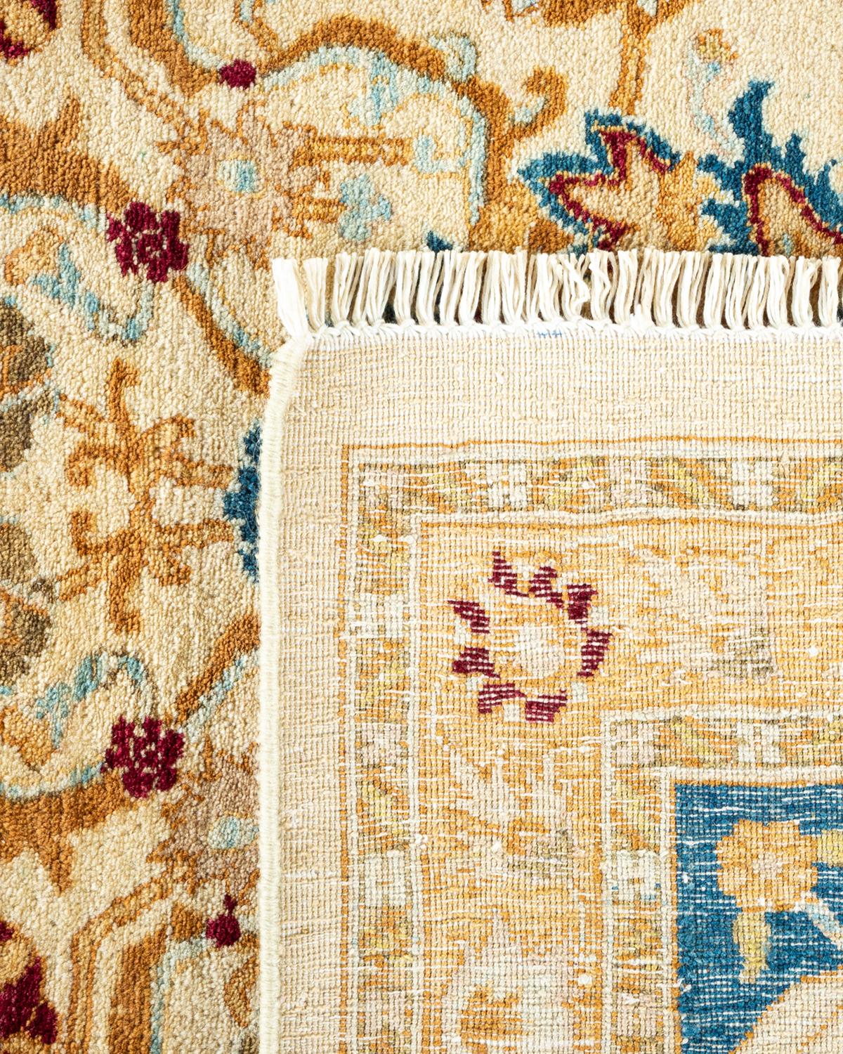 Hand-Knotted One-Of-A-Kind Hand Made Traditional Mogul Ivory Area Rug For Sale