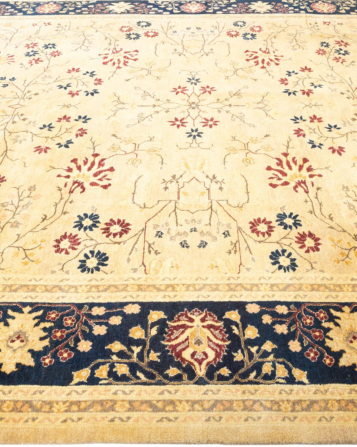 One-of-a-Kind Hand Made Traditional Mogul Ivory Area Rug In New Condition For Sale In Norwalk, CT