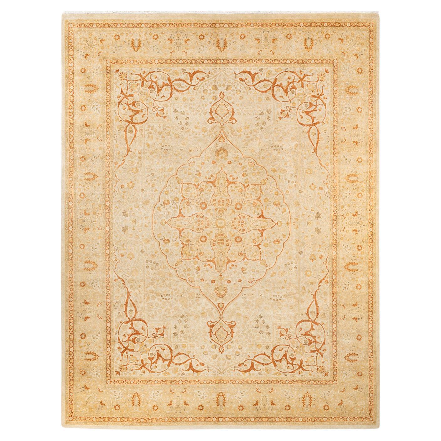 One-Of-A-Kind Hand Made Traditional Mogul Ivory Area Rug