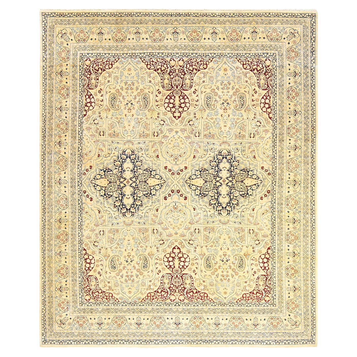 Tapis traditionnel ivoire Mogul unique en son genre fabriqué à la main