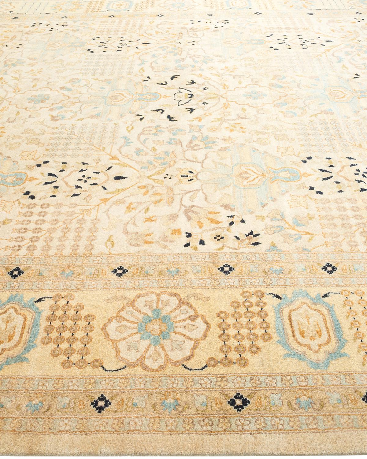 One-of-a-Kind Hand Made Traditional Mogul Ivory Area Rug In New Condition For Sale In Norwalk, CT