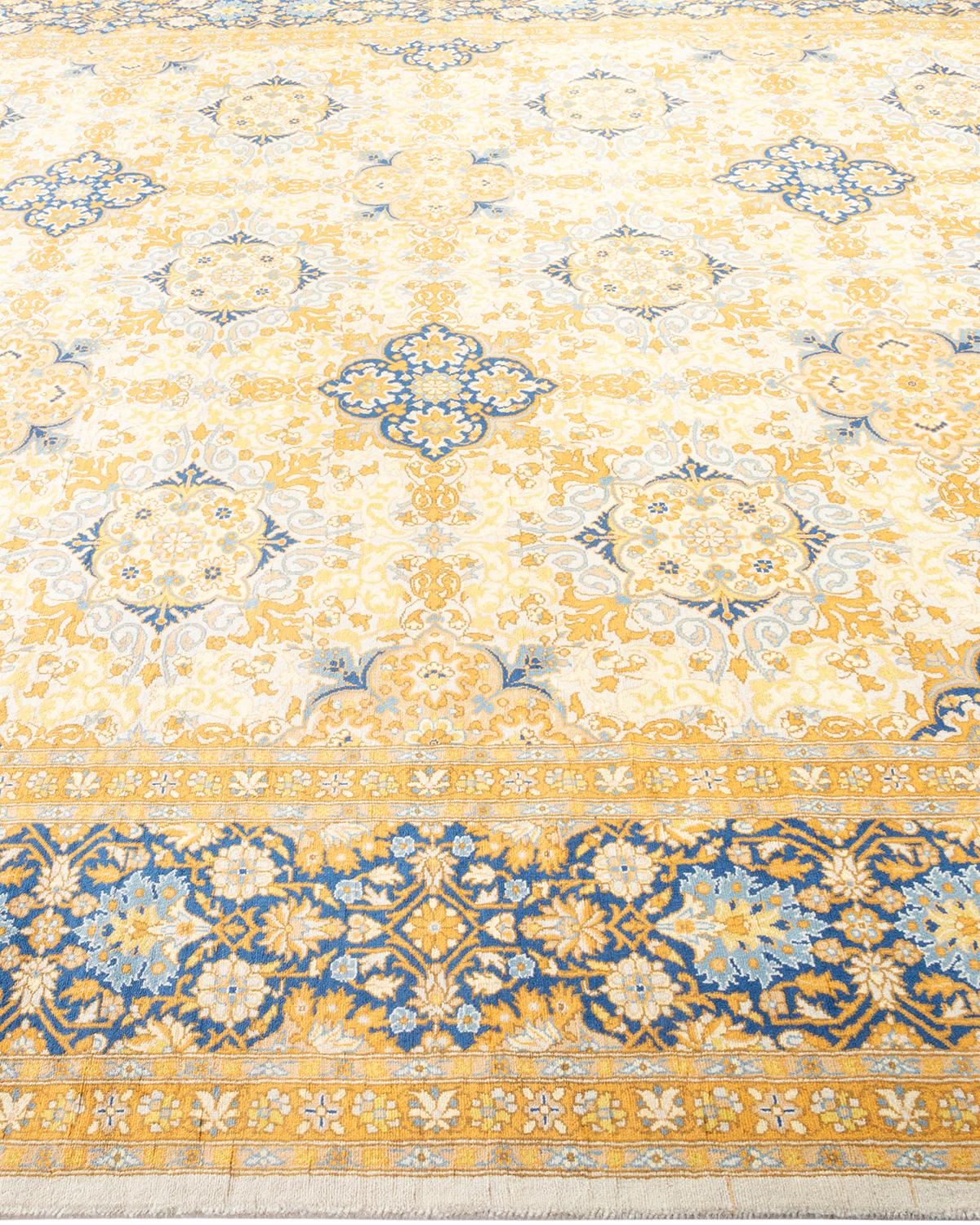 One-Of-A-Kind Hand Made Traditional Mogul Ivory Area Rug In New Condition For Sale In Norwalk, CT