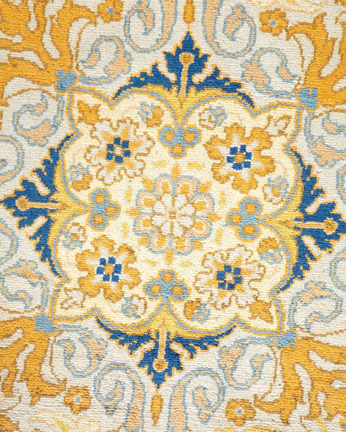 Contemporary One-Of-A-Kind Hand Made Traditional Mogul Ivory Area Rug For Sale