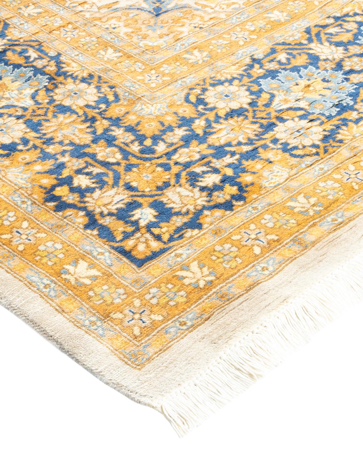 Wool One-Of-A-Kind Hand Made Traditional Mogul Ivory Area Rug For Sale
