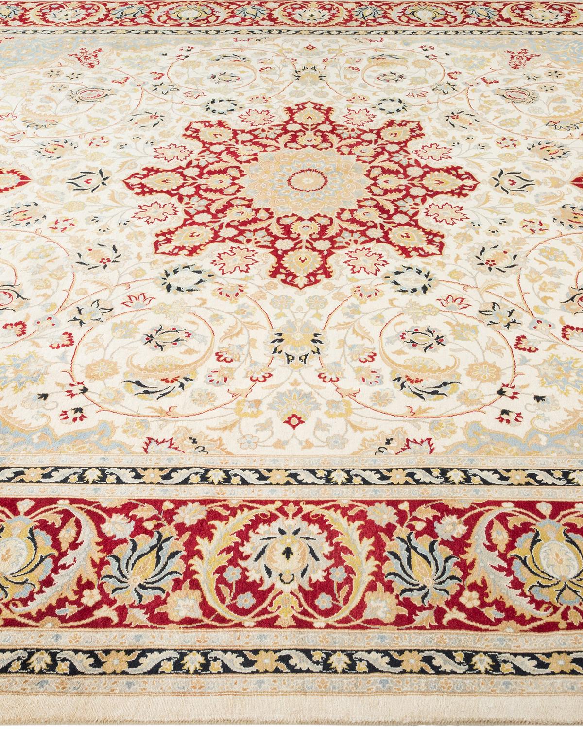 One-Of-A-Kind Hand Made Traditional Mogul Ivory Area Rug In New Condition For Sale In Norwalk, CT