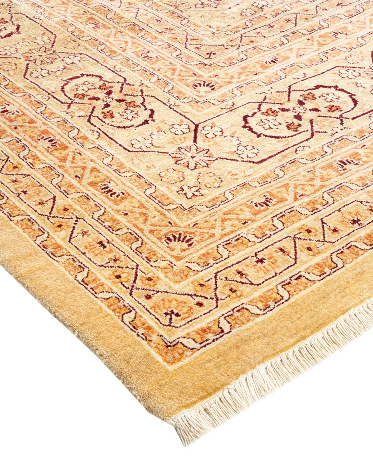 Wool One-Of-A-Kind Hand Made Traditional Mogul Ivory Area Rug For Sale