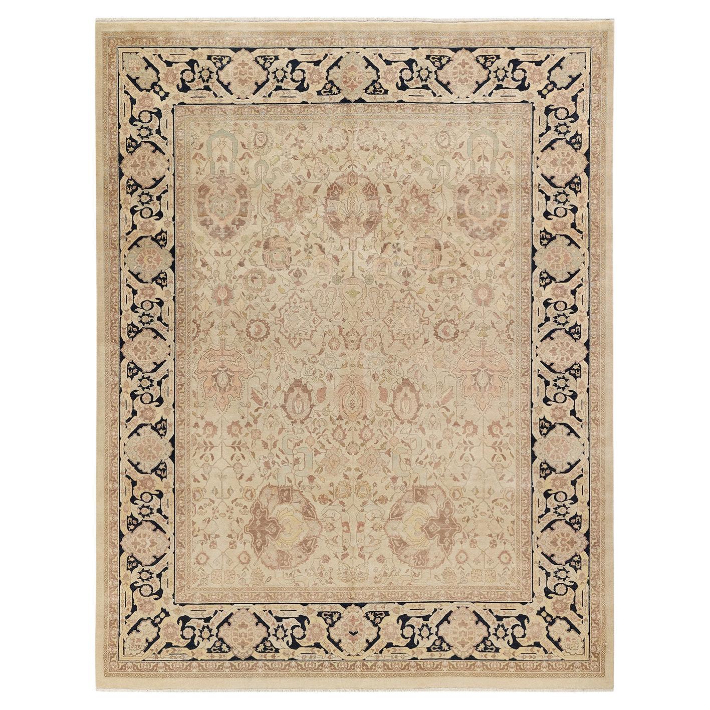 One-Of-A-Kind Hand Made Traditional Mogul Ivory Area Rug For Sale