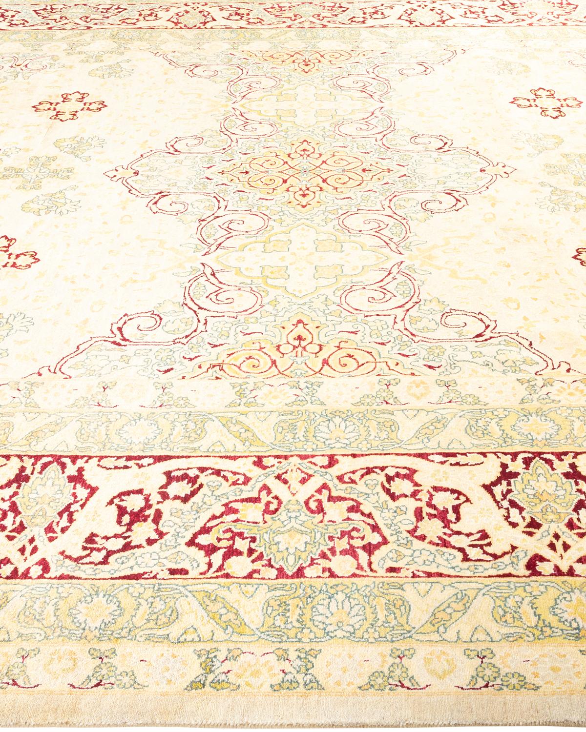 Contemporary One-Of-A-Kind Hand Made Traditional Mogul Ivory Area Rug For Sale